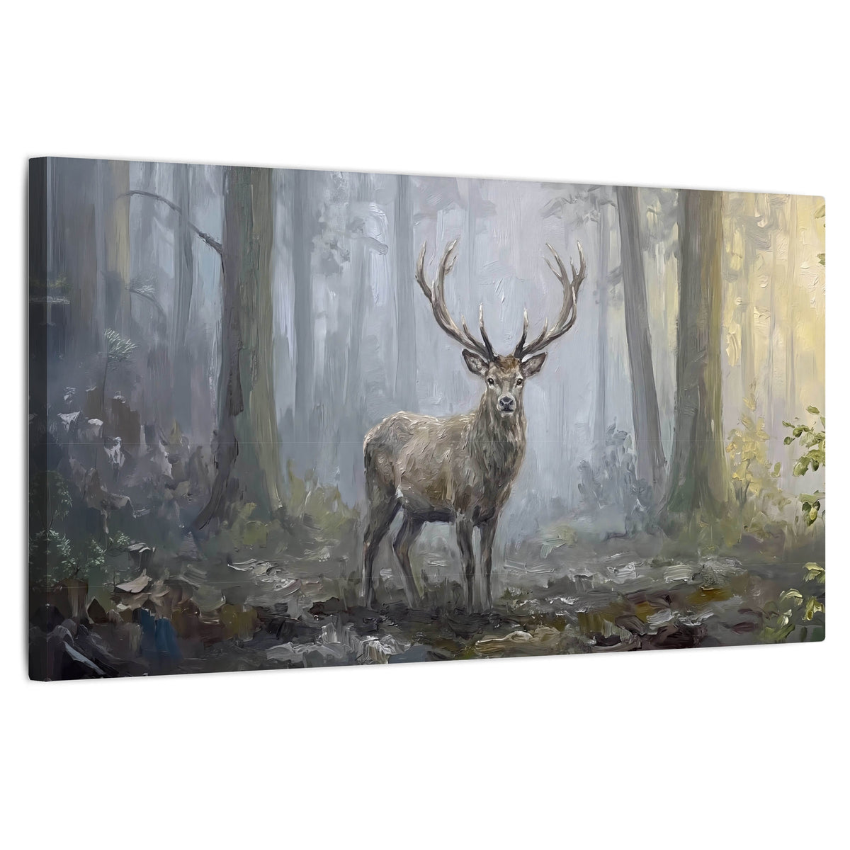 Stag in misty forest painting stretched canvas wall art on a white background