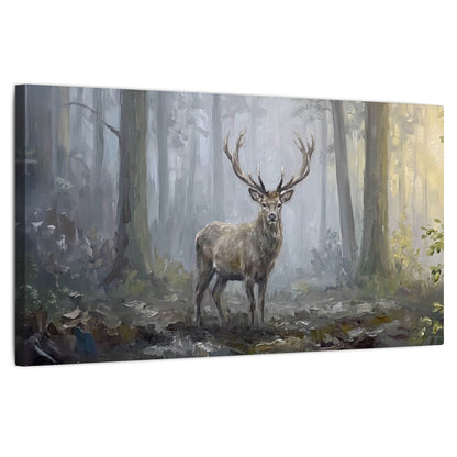 Stag in misty forest painting stretched canvas wall art on a white background