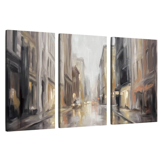 Rainy city street painting 3 piece canvas wall art set on a white background