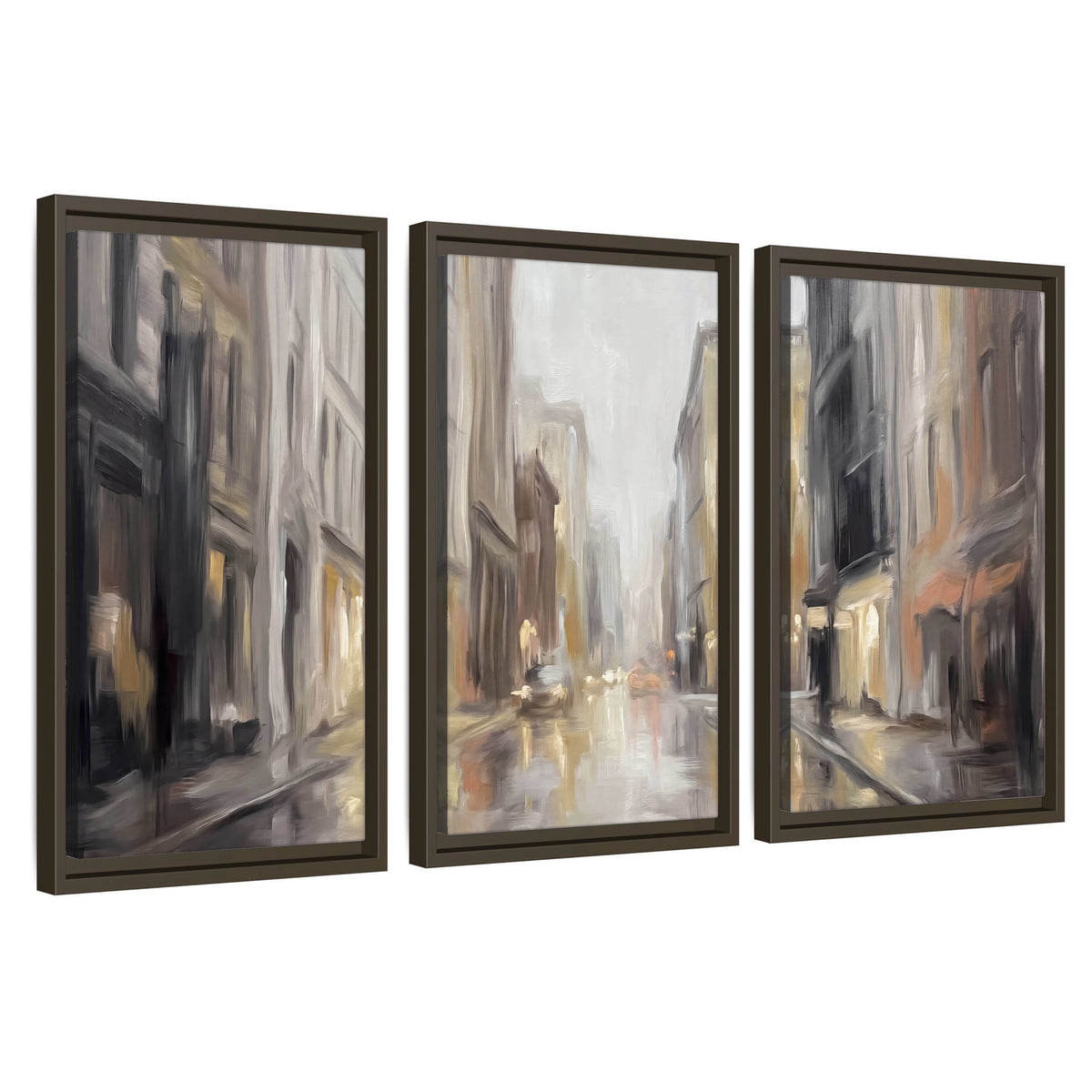 Rainy city street painting 3 piece framed canvas wall art set on a white background