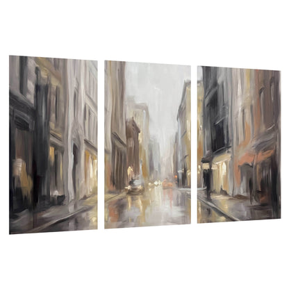 Rainy city street painting set of 3 poster prints on a white background