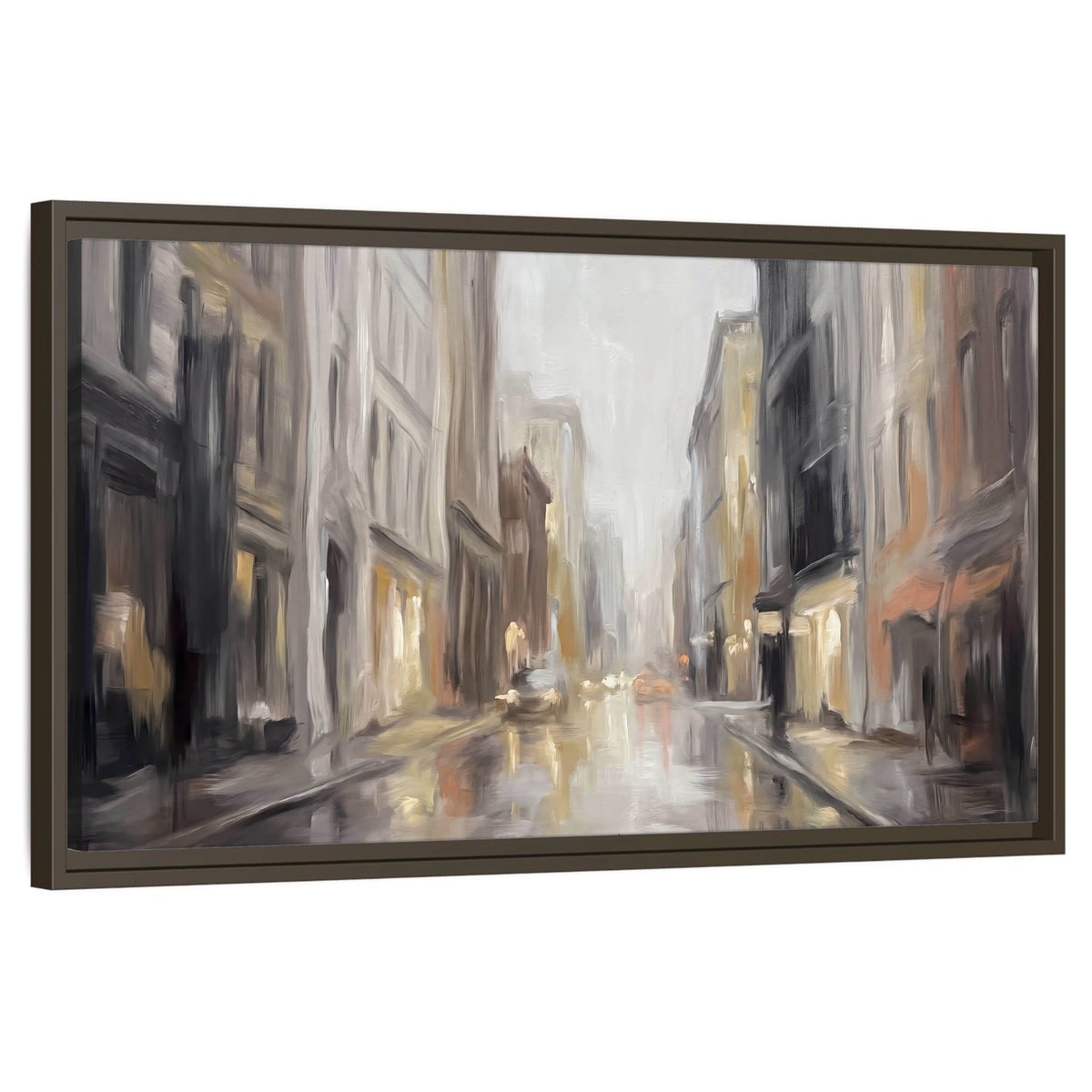 Rainy city street painting framed canvas wall art on a white background