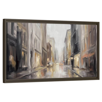 Rainy city street painting framed canvas wall art on a white background