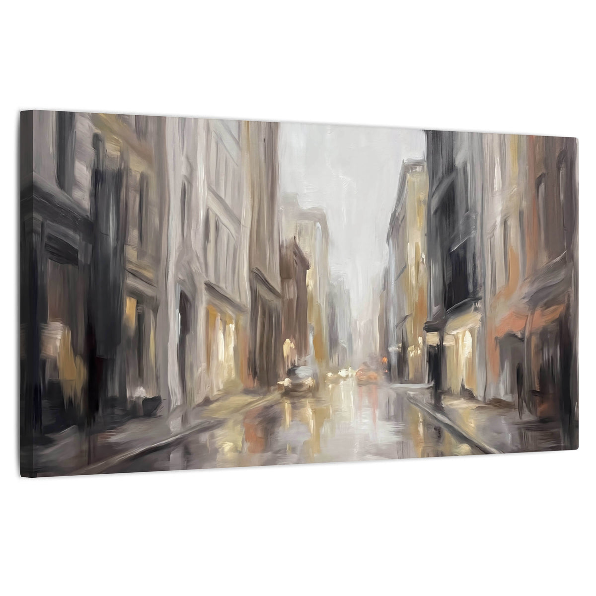 Rainy city street painting stretched canvas wall art on a white background