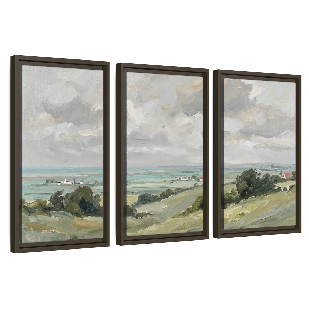 3 piece framed canvas set – coastal countryside seaside village landscape triptych