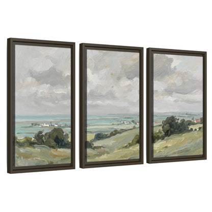 3 piece framed canvas set – coastal countryside seaside village landscape triptych