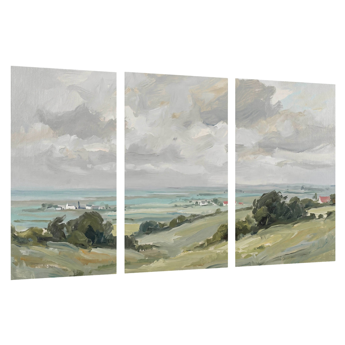 Set of 3 coastal countryside poster prints – seaside village triptych on paper