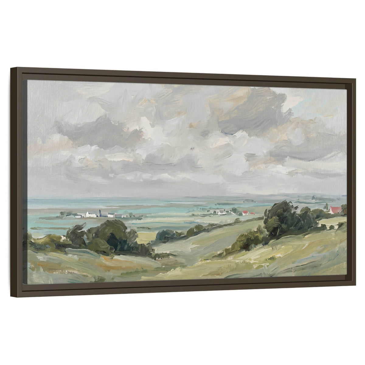 Coastal countryside oil painting wall art in a dark floating frame – seaside village, green hills and cloudy sky, framed canvas