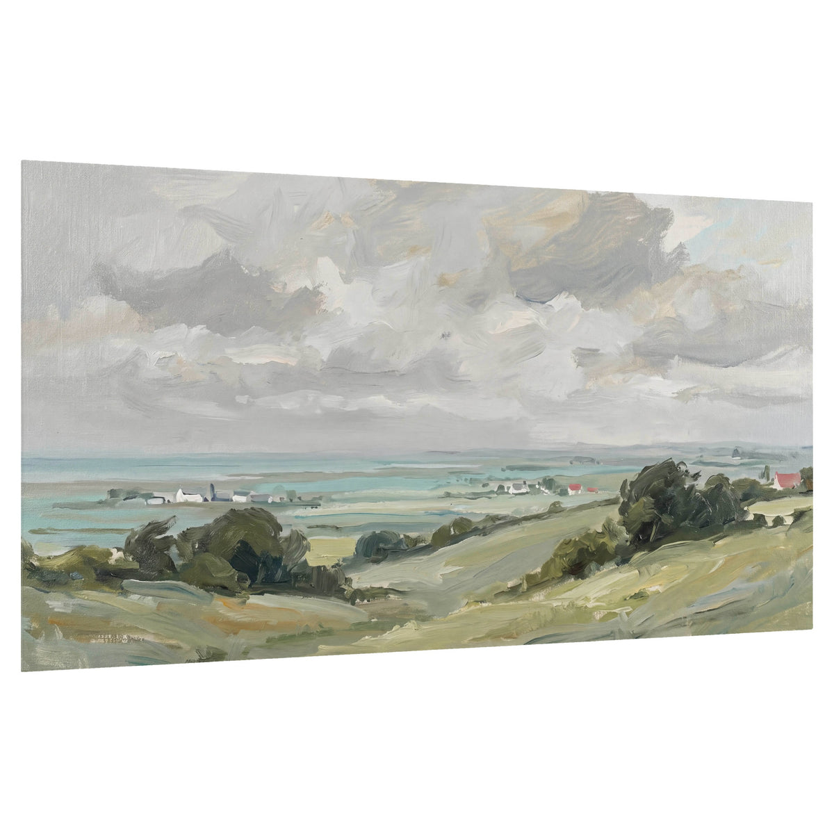 Coastal countryside oil painting poster print on paper – cloudy sky over sea and green hills