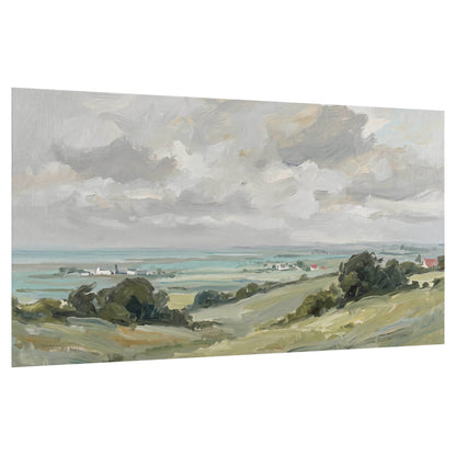 Coastal countryside oil painting poster print on paper – cloudy sky over sea and green hills