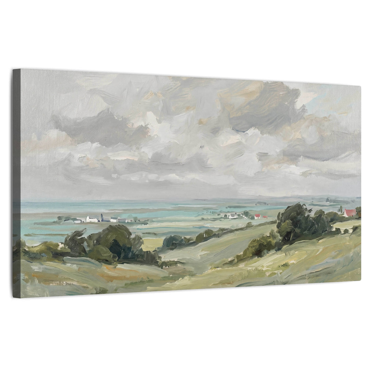 Coastal countryside landscape on gallery-wrapped stretched canvas – panoramic seaside village wall art