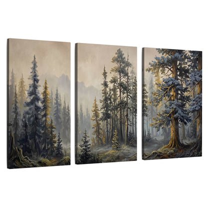 Pine forest mountain painting 3 piece canvas wall art set on a white background