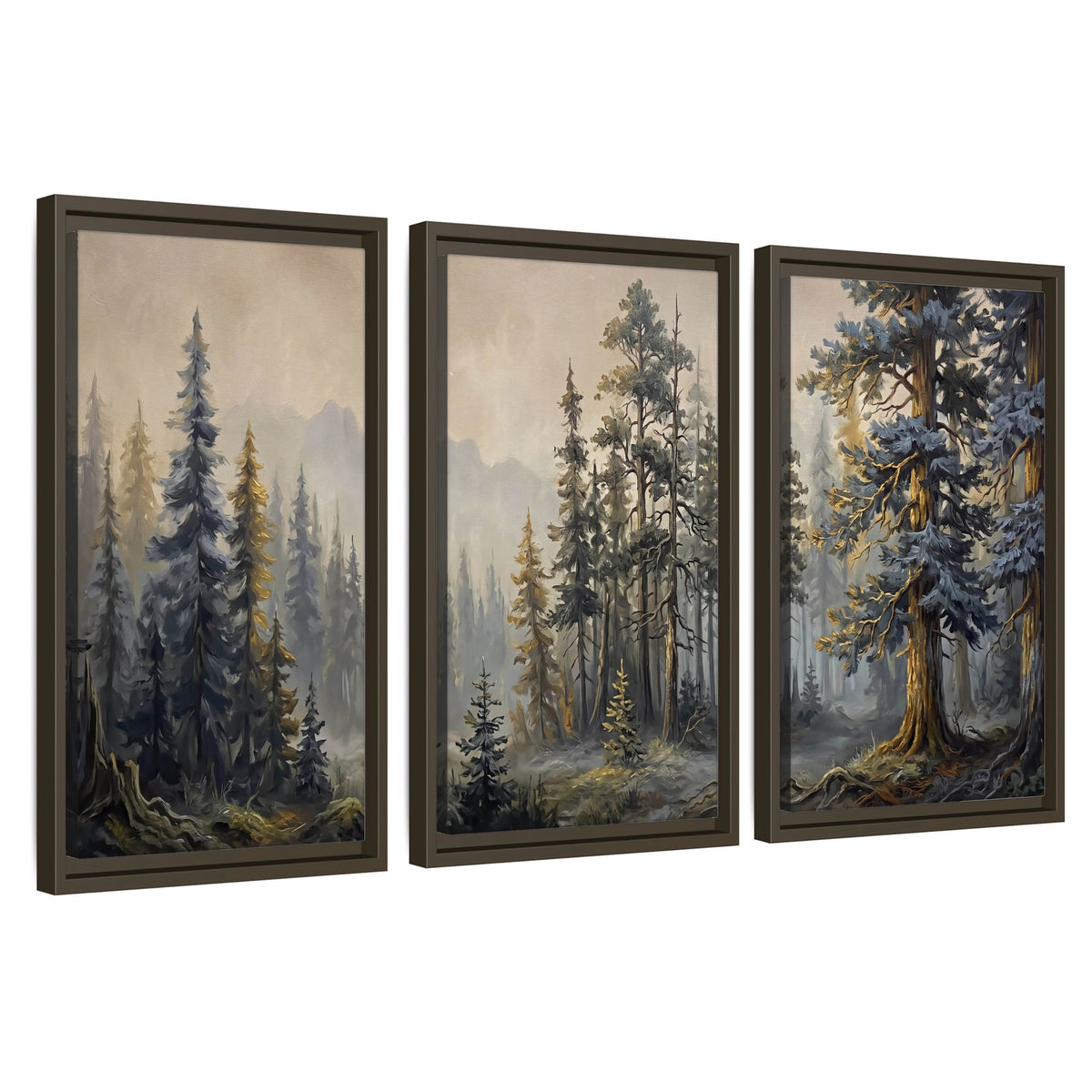 Pine forest mountain painting 3 piece framed canvas wall art set on a white background