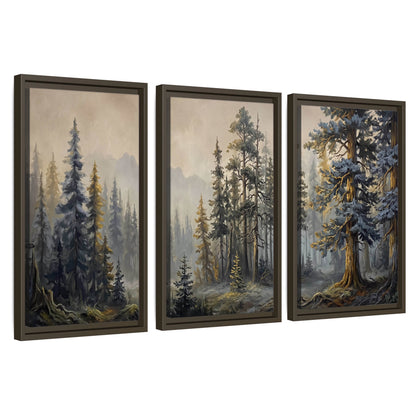 Pine forest mountain painting 3 piece framed canvas wall art set on a white background