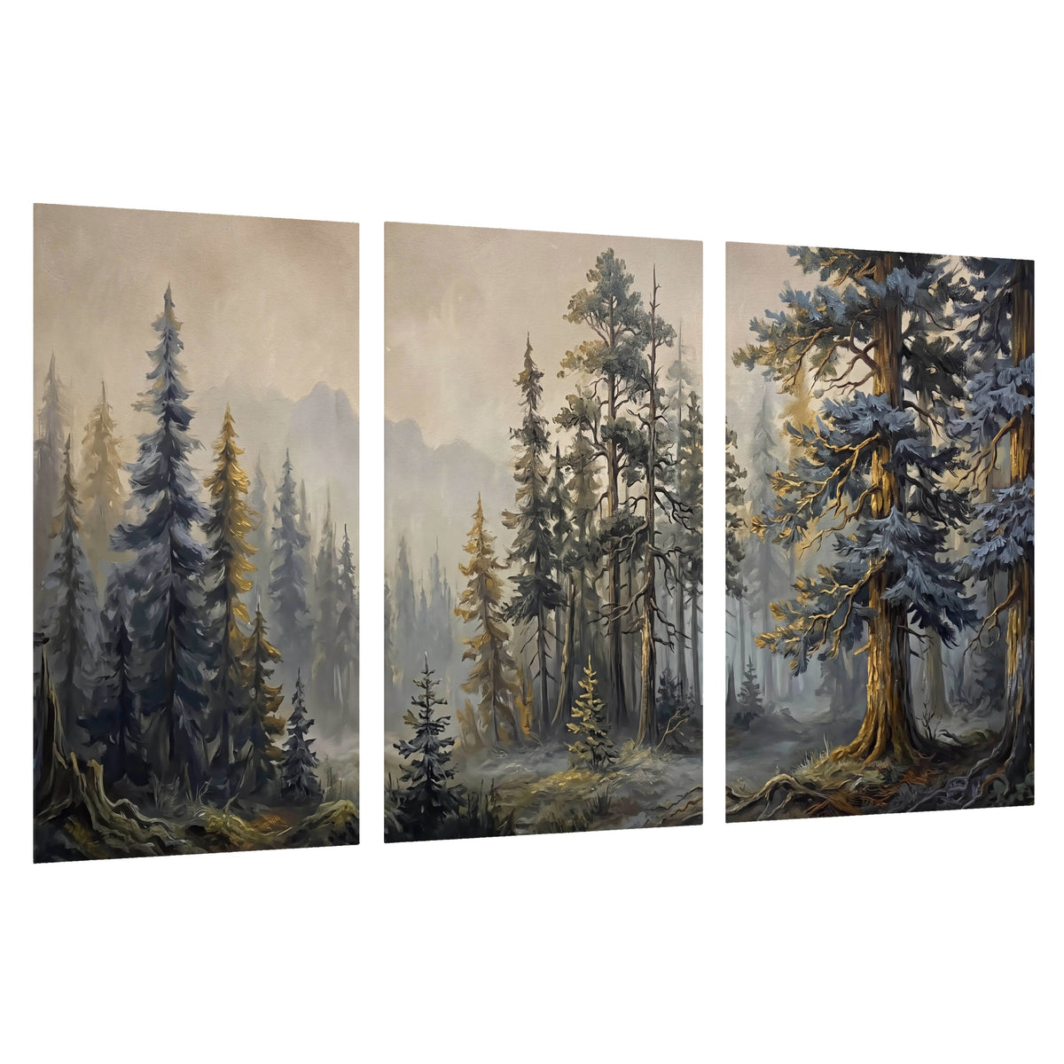 Pine forest mountain painting set of 3 poster prints on a white background