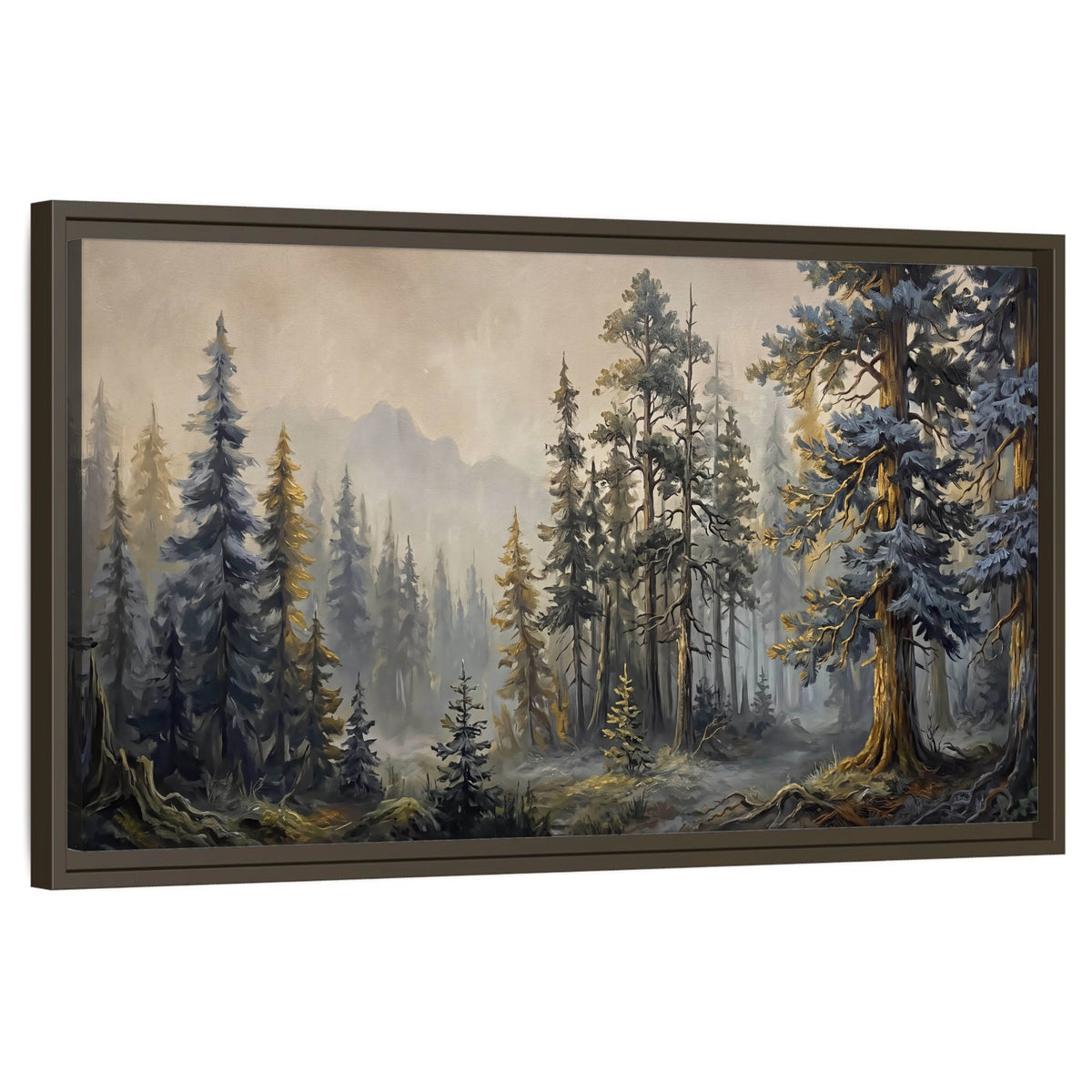 Pine forest mountain painting framed canvas wall art on a white background