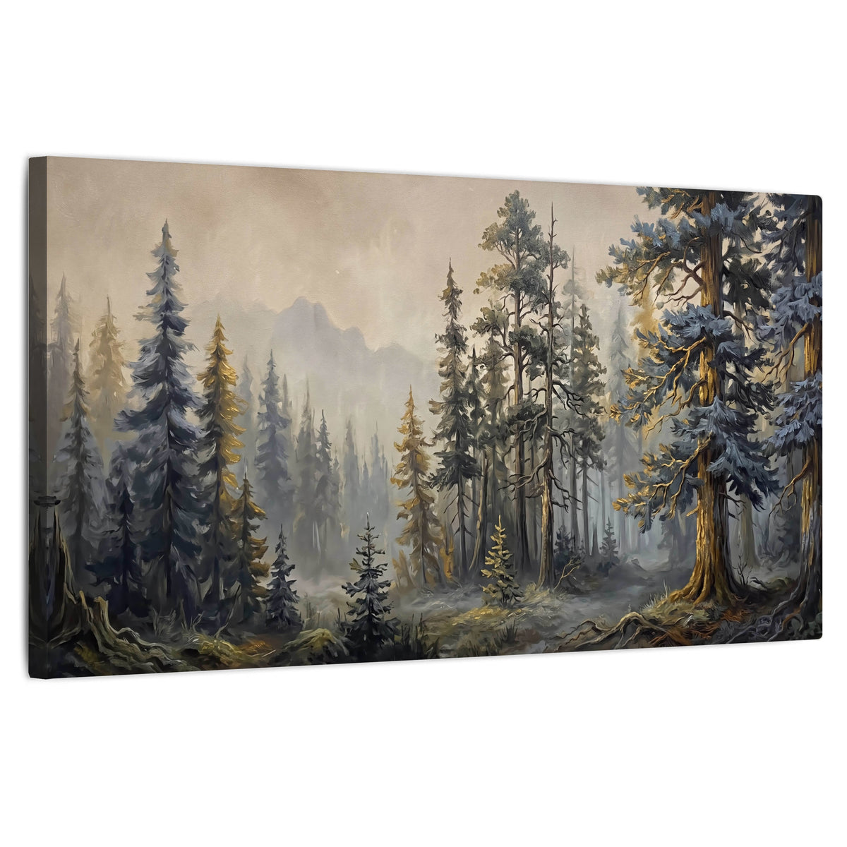 Pine forest mountain painting stretched canvas wall art on a white background