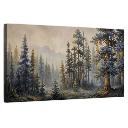 Pine forest mountain painting stretched canvas wall art on a white background