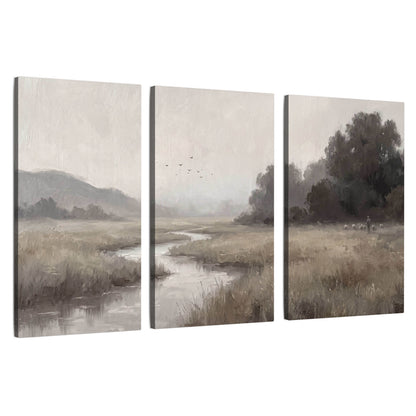 Misty meadow stream painting 3 piece canvas wall art set on a white background
