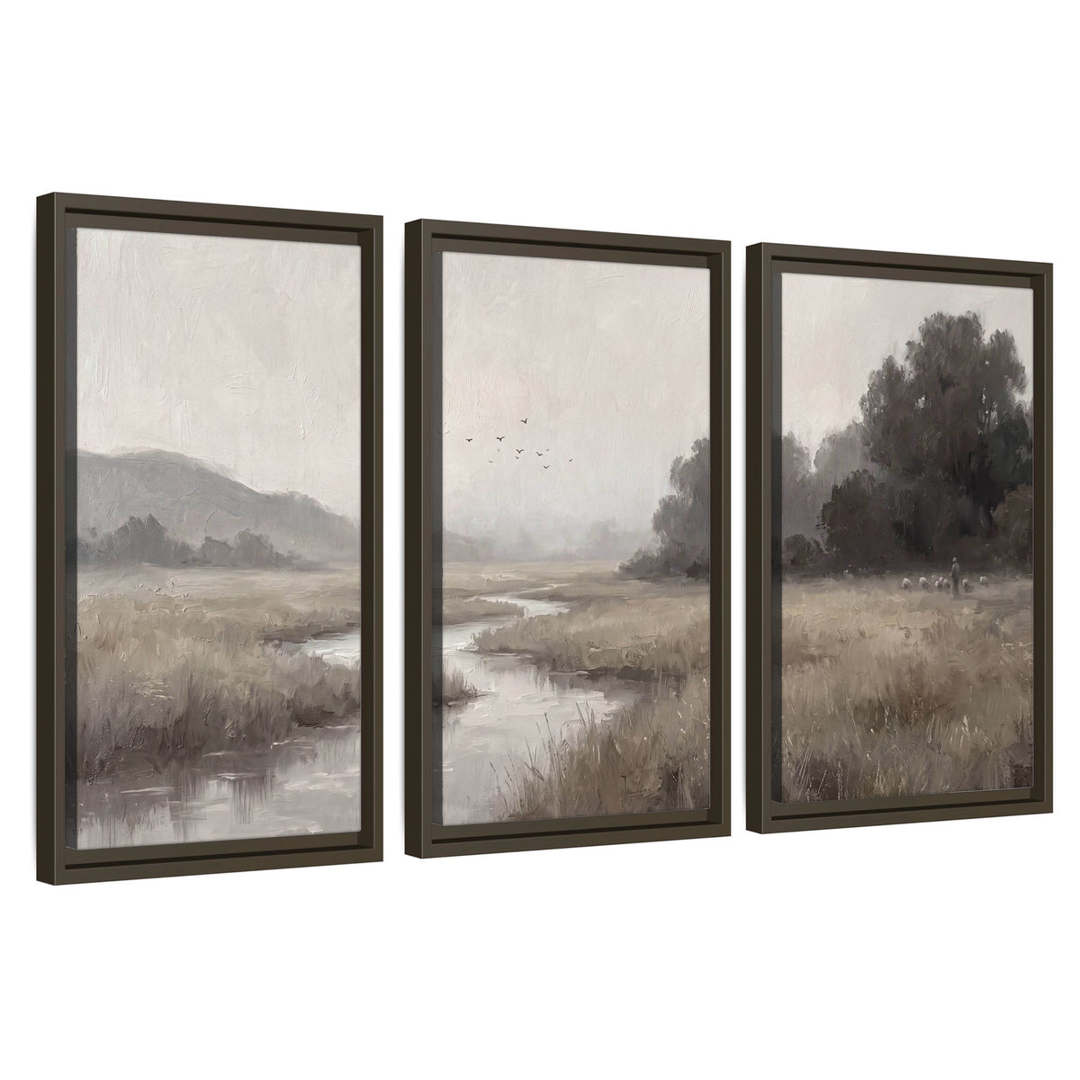 Misty meadow stream painting 3 piece framed canvas wall art set on a white background