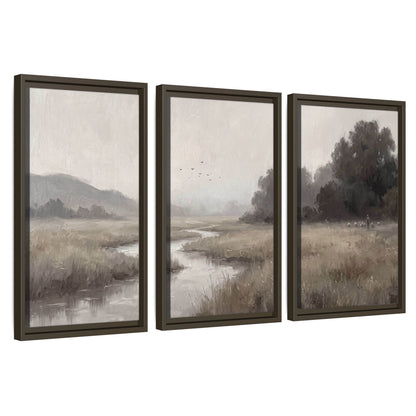 Misty meadow stream painting 3 piece framed canvas wall art set on a white background