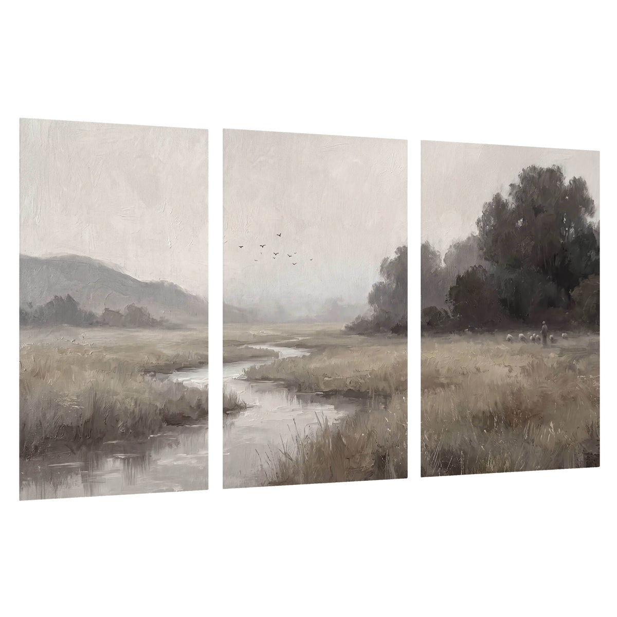 Misty meadow stream painting set of 3 poster prints on a white background