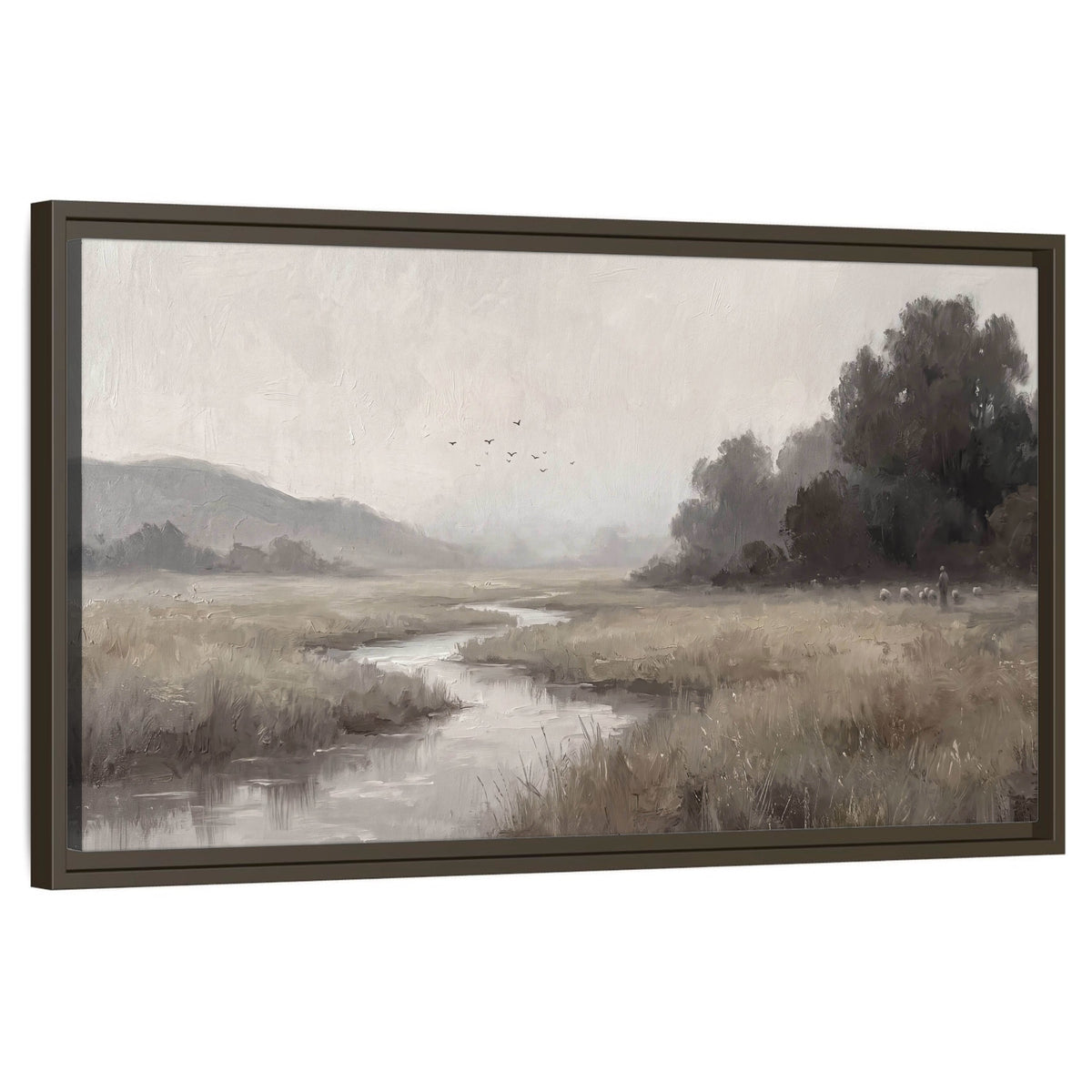 Misty meadow stream painting framed canvas wall art on a white background