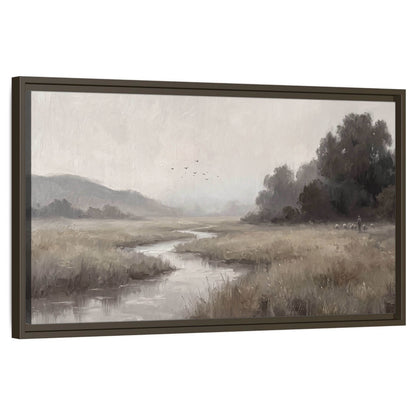 Misty meadow stream painting framed canvas wall art on a white background
