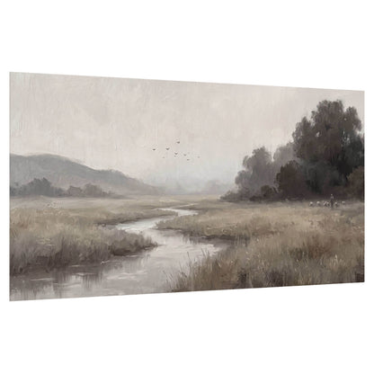 Misty meadow stream painting poster print on a white background
