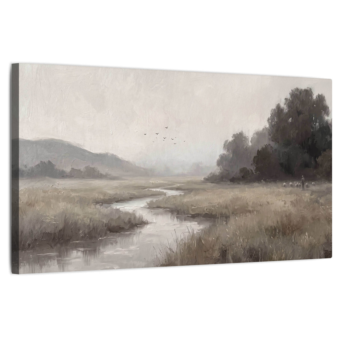 Misty meadow stream painting stretched canvas wall art on a white background