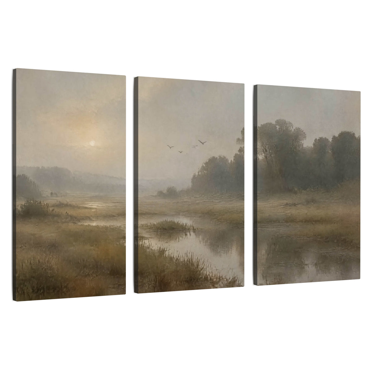 Golden marsh sunrise painting 3 piece canvas wall art set on a white background