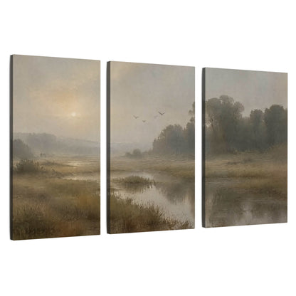 Golden marsh sunrise painting 3 piece canvas wall art set on a white background