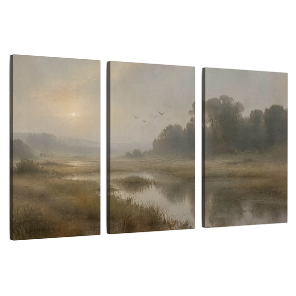Golden Marsh Sunrise Wall Art – Vintage River Landscape Painting