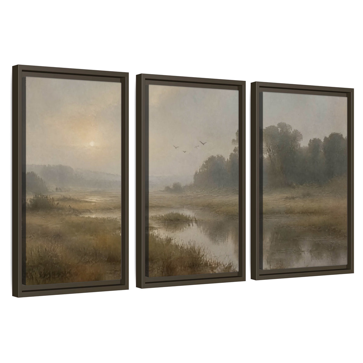 Golden marsh sunrise painting 3 piece framed canvas wall art set on a white background