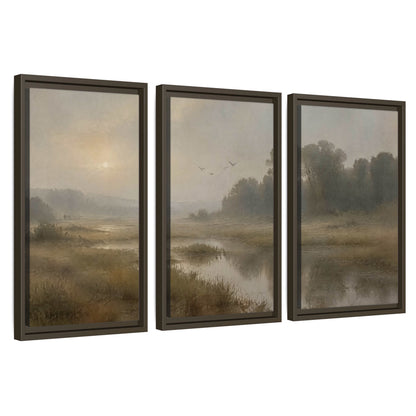 Golden marsh sunrise painting 3 piece framed canvas wall art set on a white background