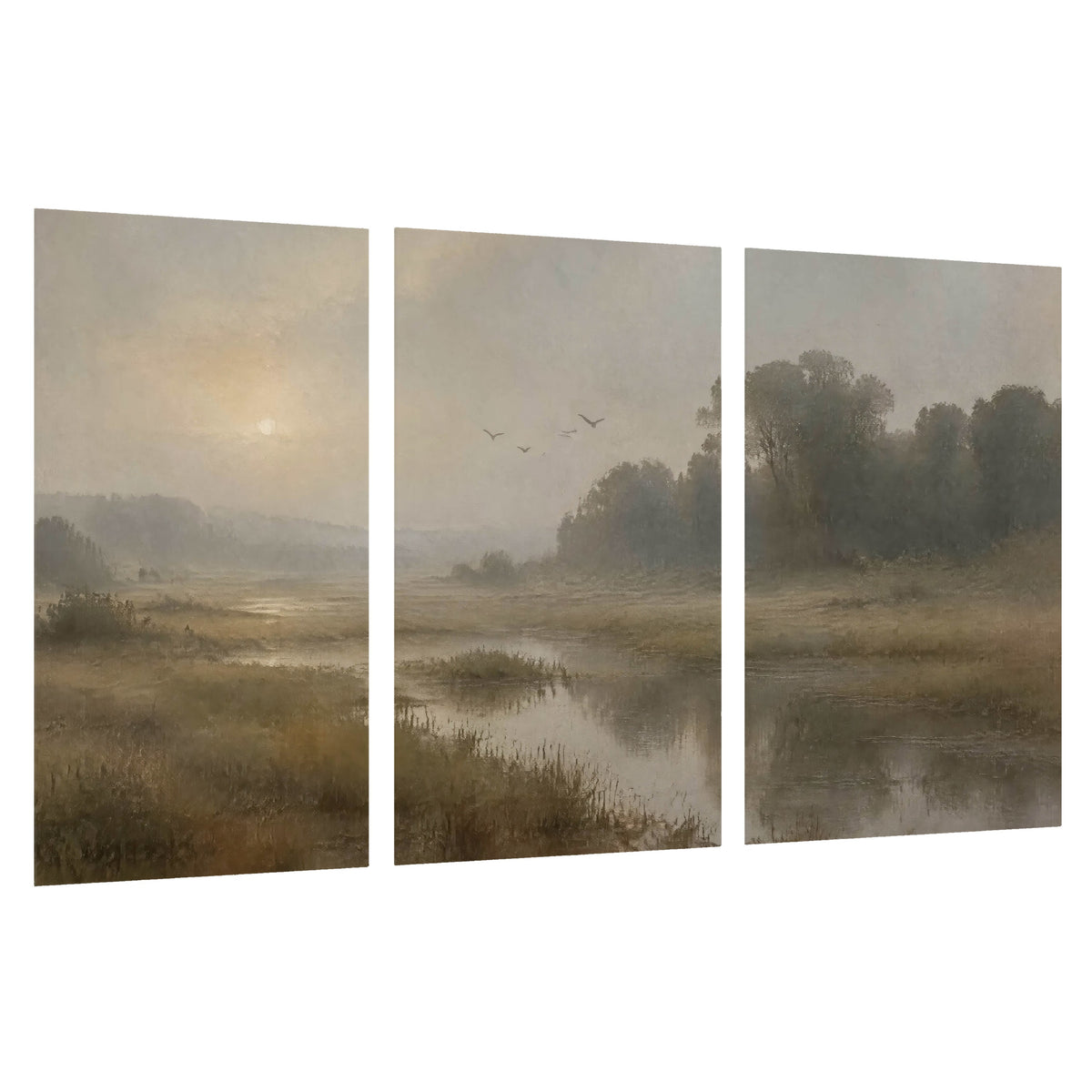 Golden marsh sunrise painting set of 3 poster prints on a white background