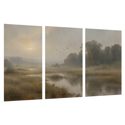 Golden marsh sunrise painting set of 3 poster prints on a white background