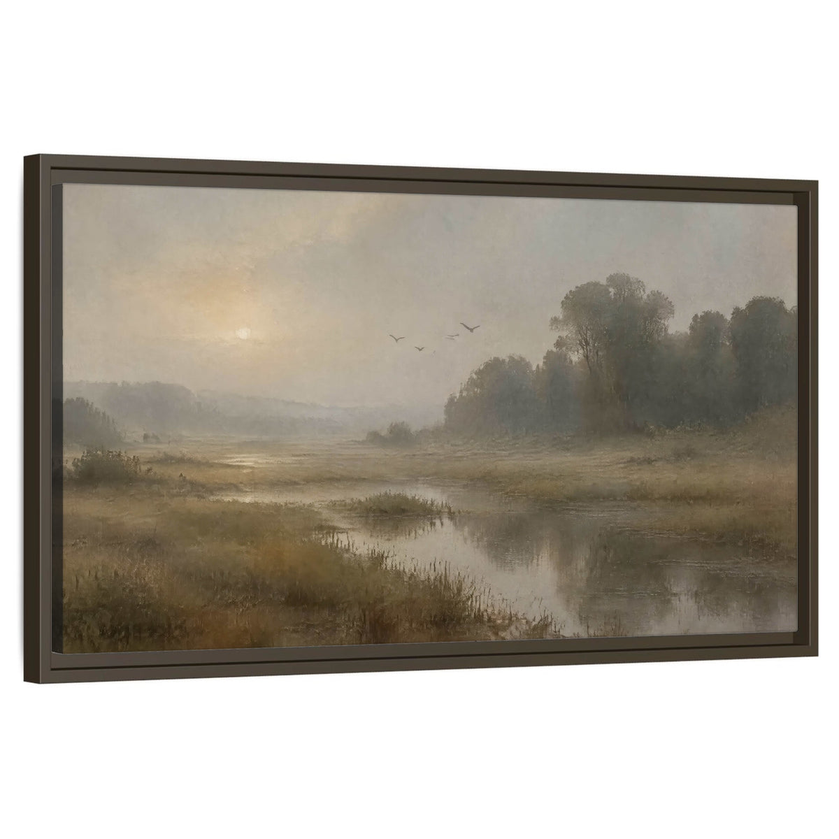 Golden marsh sunrise painting framed canvas wall art on a white background