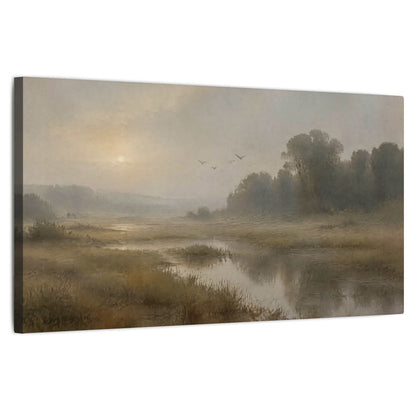 Golden marsh sunrise painting stretched canvas wall art on a white background