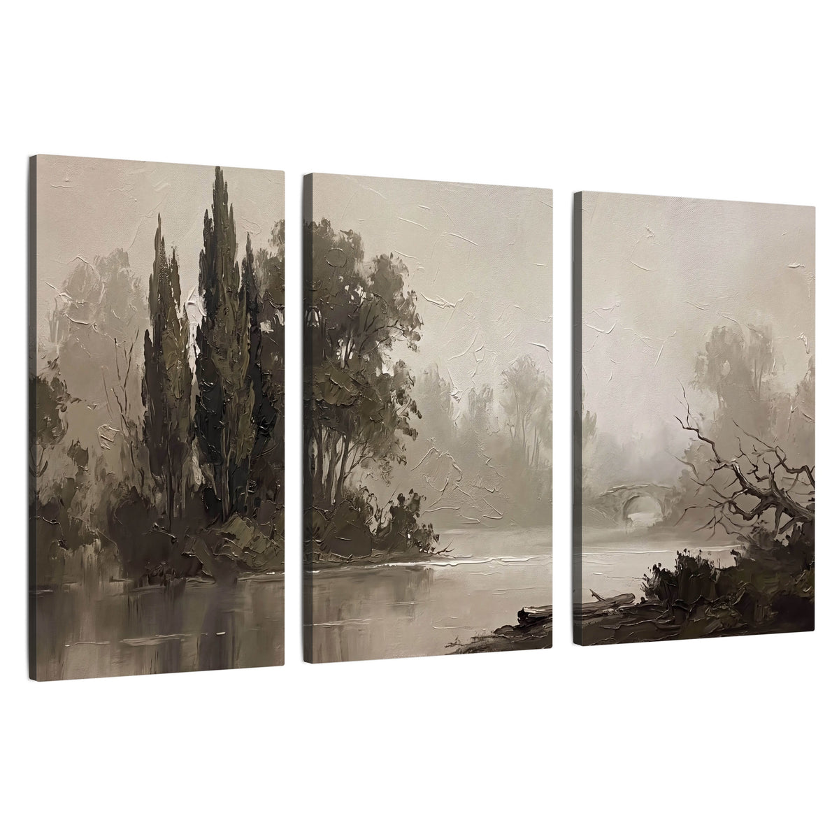 Misty river stone bridge painting 3 piece canvas wall art set on a white background