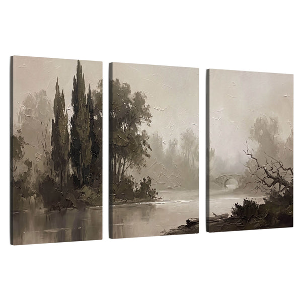 Misty River Stone Bridge Wall Art – Vintage Textured Landscape Painting