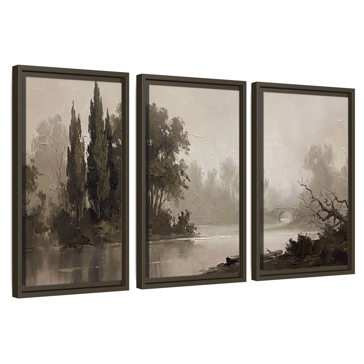 Misty river stone bridge painting 3 piece framed canvas wall art set on a white background