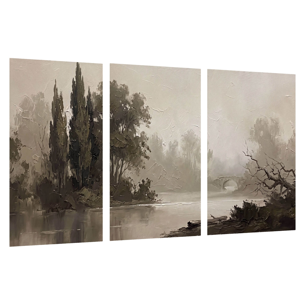Misty river stone bridge painting set of 3 poster prints on a white background