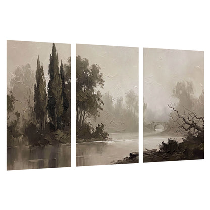 Misty river stone bridge painting set of 3 poster prints on a white background