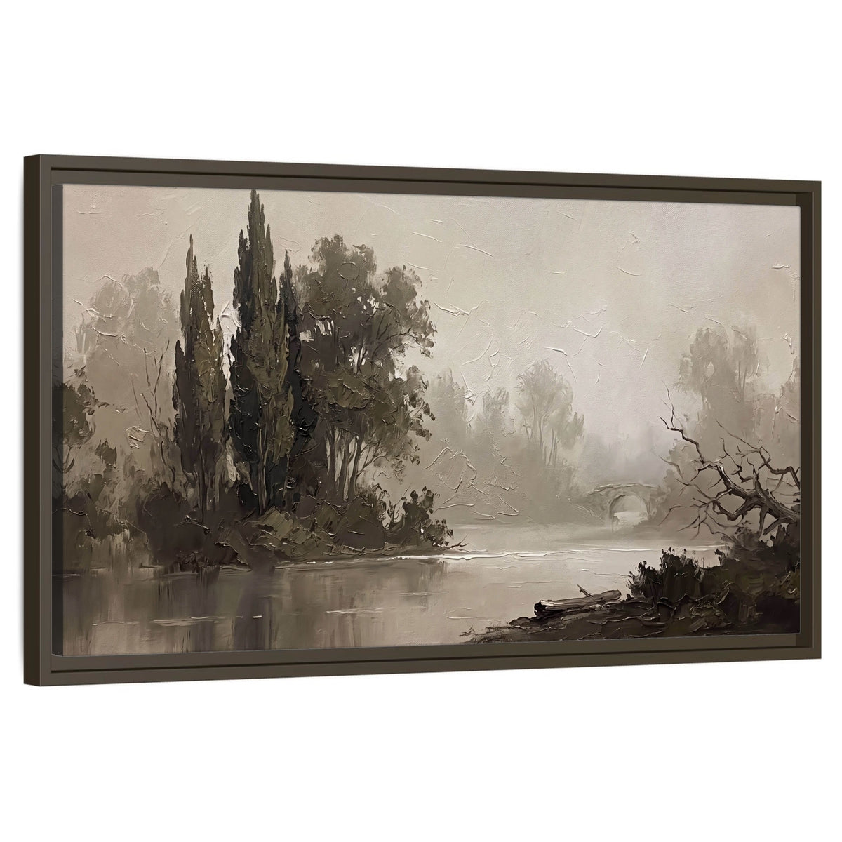 Misty river stone bridge painting framed canvas wall art on a white background