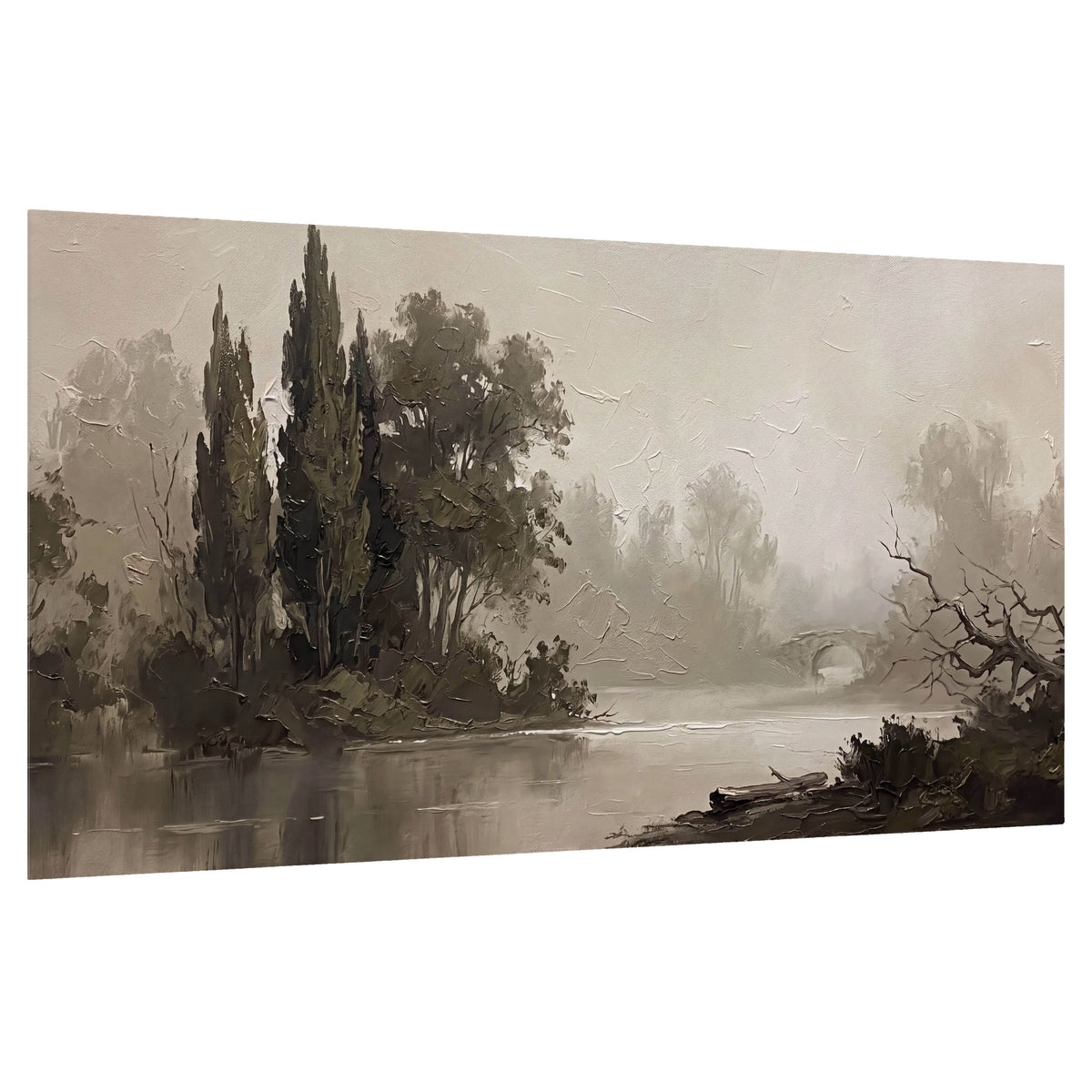 Misty river stone bridge painting poster print on a white background