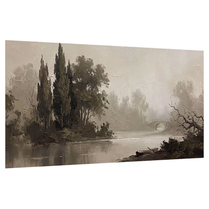 Misty river stone bridge painting poster print on a white background