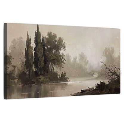 Misty river stone bridge painting stretched canvas wall art on a white background