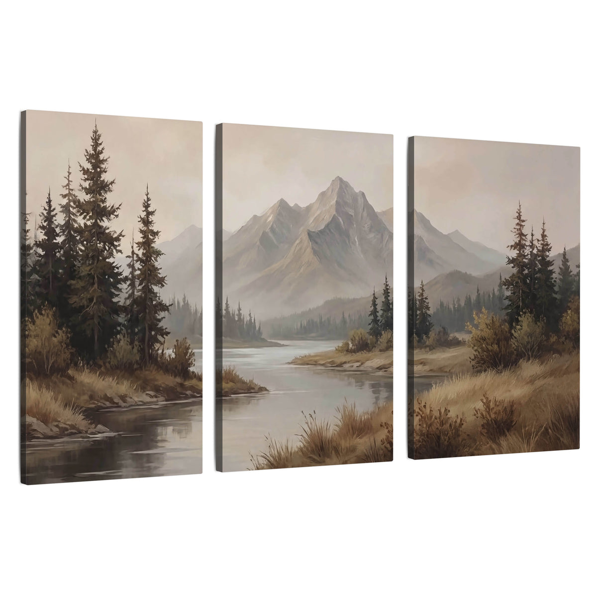 Mountain lake with pines painting 3 piece canvas wall art set on a white background