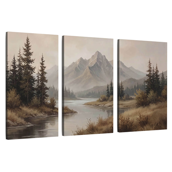 Mountain Lake Pines Wall Art – Vintage Alpine Landscape Painting